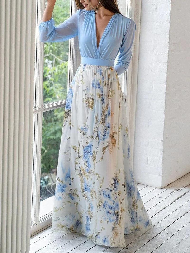 Caterina | Abito maxi con stampa floreale mozzafiato e scollatura a V