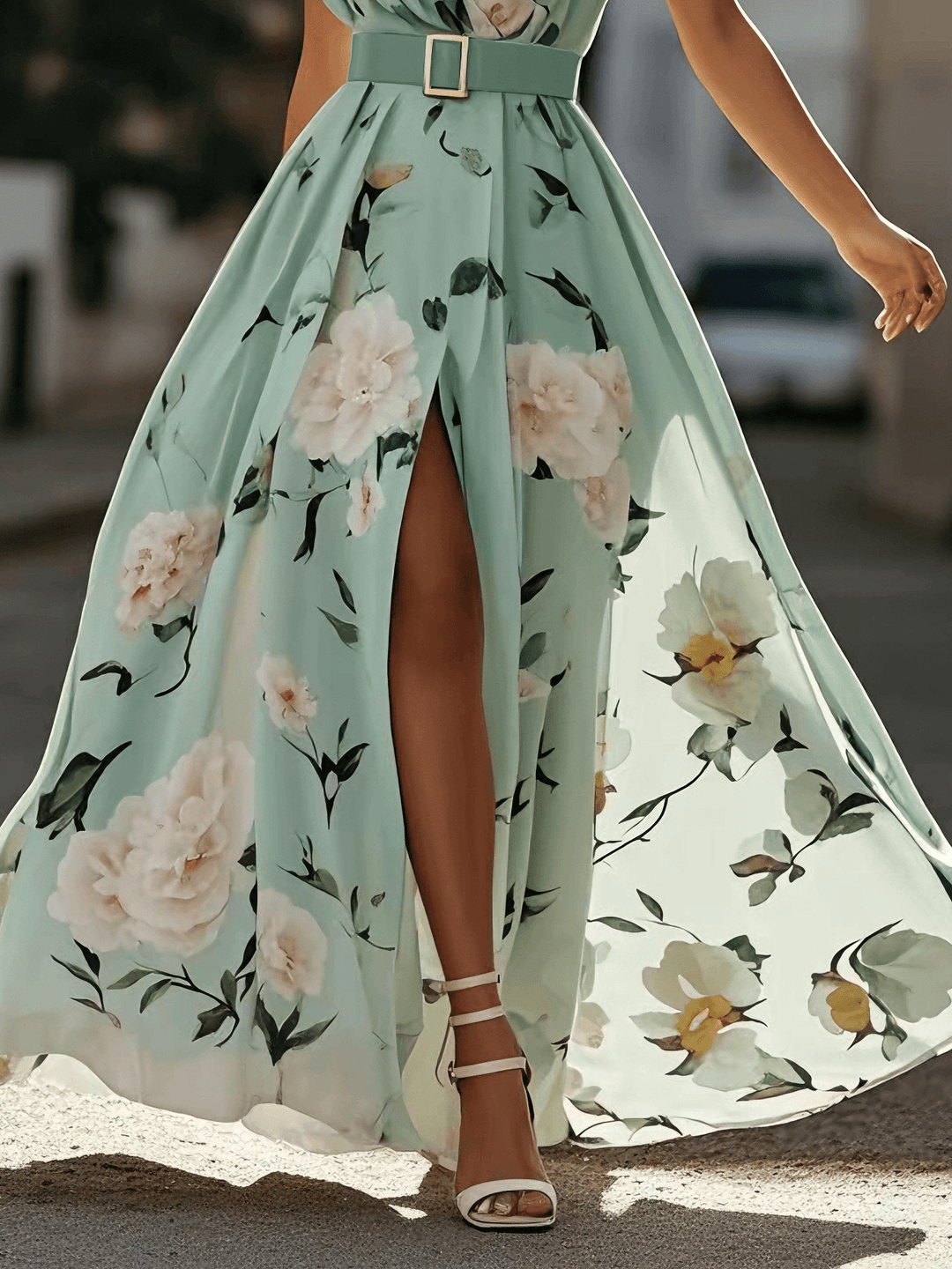 Daisy | Abito Maxi Chiffon Floreale a Spalle Scoperte Verde Chiaro