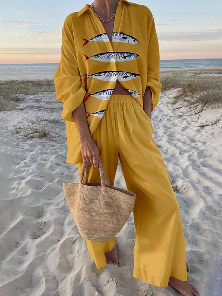 Vittoria | Completo Camicia Oversize con Stampa Oceano in Stile Insulare e Pantaloni con Tasche Elastiche