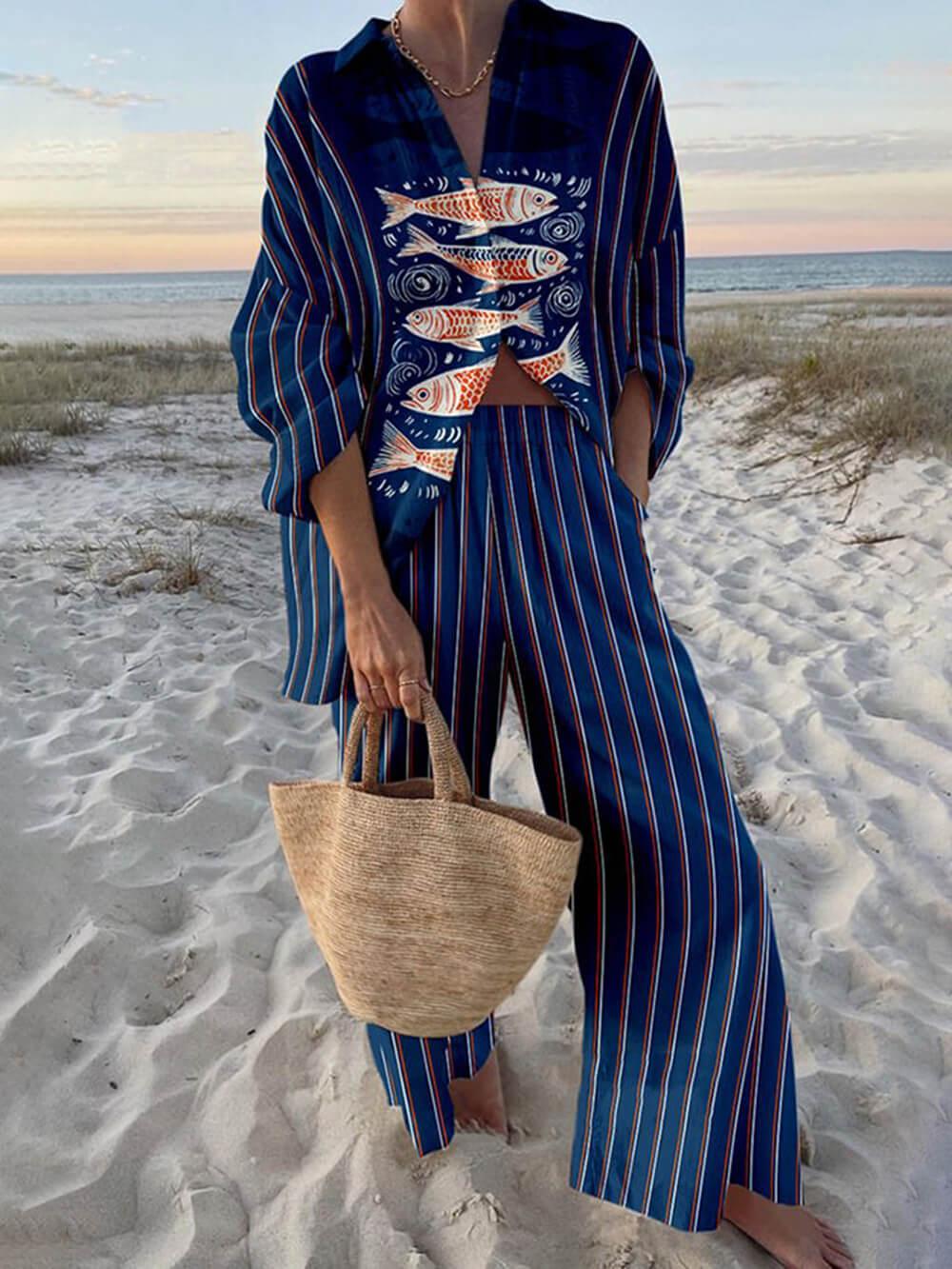 Vittoria | Completo Camicia Oversize con Stampa Oceano in Stile Insulare e Pantaloni con Tasche Elastiche