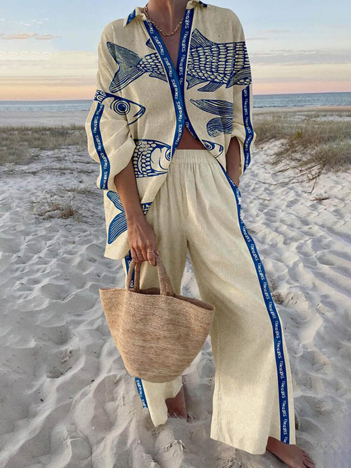 Vittoria | Completo Camicia Oversize con Stampa Oceano in Stile Insulare e Pantaloni con Tasche Elastiche