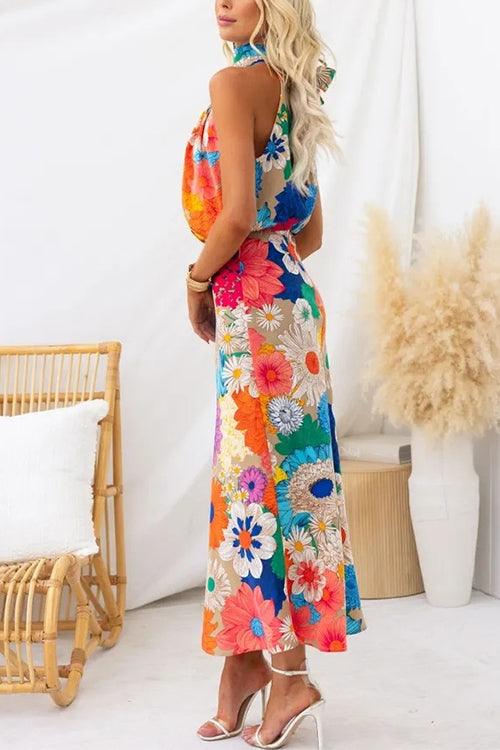 Flora | Abito maxi senza maniche con nodo in vita e stampa floreale