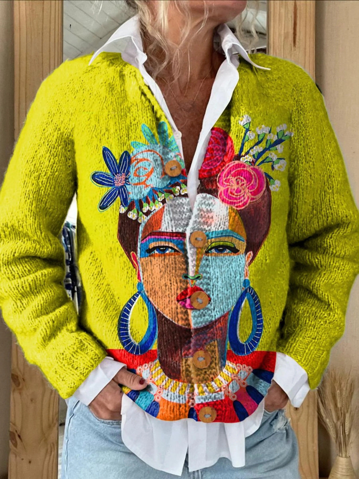 Cardigan con stampa artistica di ritratto dipinto e bottoni