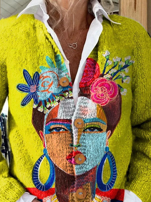 Cardigan con stampa artistica di ritratto dipinto e bottoni