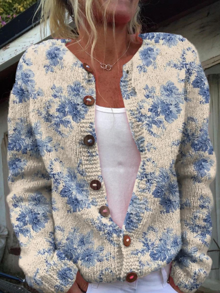 Cardigan con stampa artistica floreale e bottoni