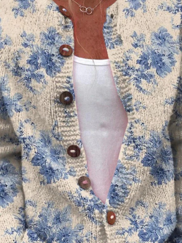 Cardigan con stampa artistica floreale e bottoni