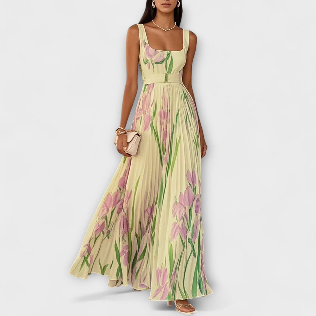 Rosalinda | Abito lungo plissettato in chiffon floreale con cintura