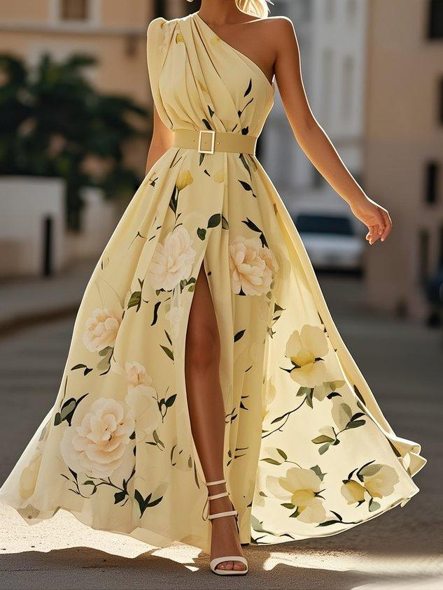 Daisy | Abito Maxi Chiffon Floreale a Spalle Scoperte Verde Chiaro