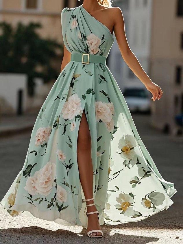 Daisy | Abito Maxi Chiffon Floreale a Spalle Scoperte Verde Chiaro