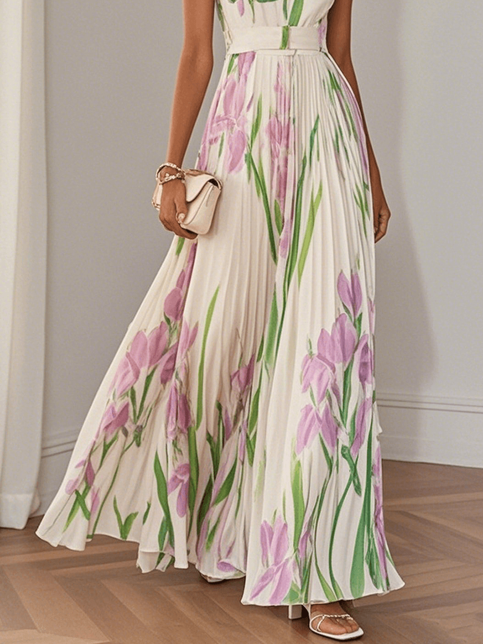 Isabella | Abito Maxi Chiffon Floreale Plissettato Bianco