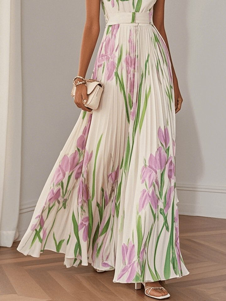 Isabella | Abito Maxi Chiffon Floreale Plissettato Bianco