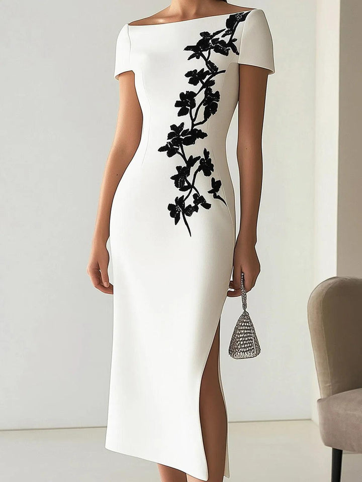 Martina | Abito Midi a Stampa Floreale Chic con Collo Barchetta