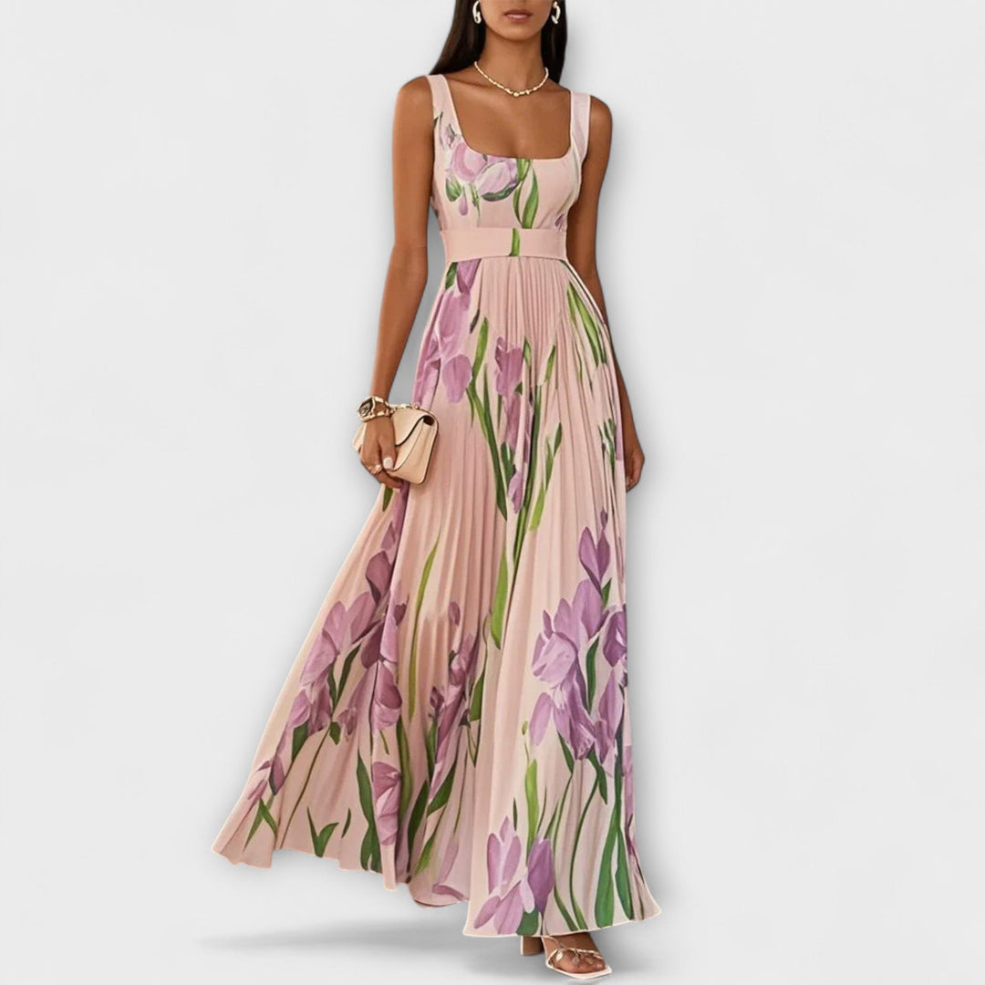 Rosalinda | Abito lungo plissettato in chiffon floreale con cintura