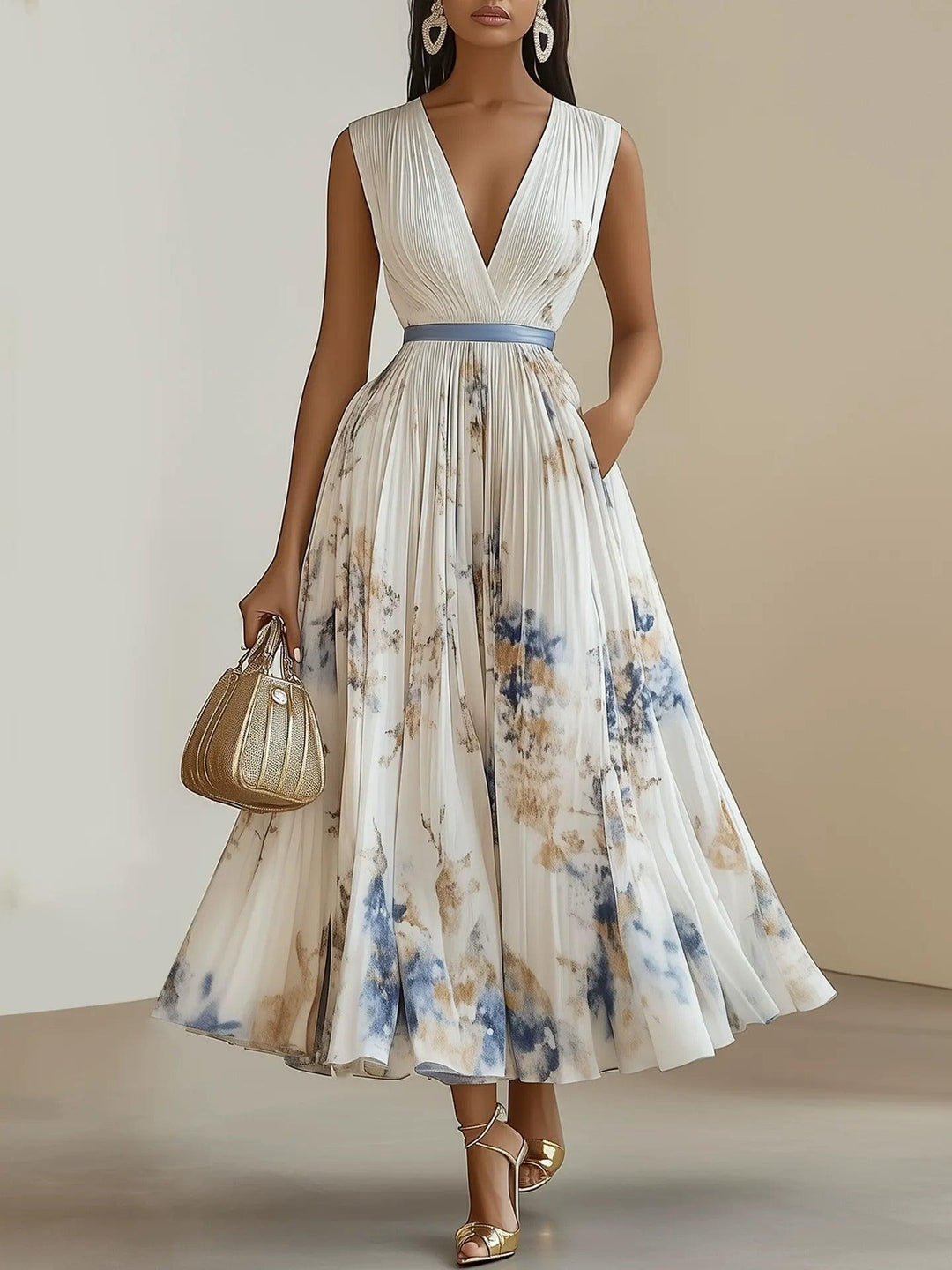 Camilla | Abito midi plissettato in chiffon floreale bianco con scollatura a V