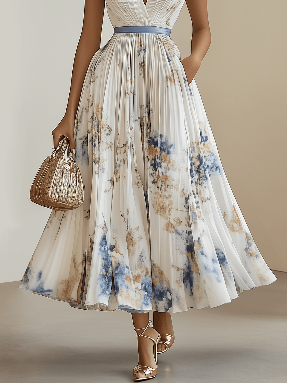 Camilla | Abito midi plissettato in chiffon floreale bianco con scollatura a V