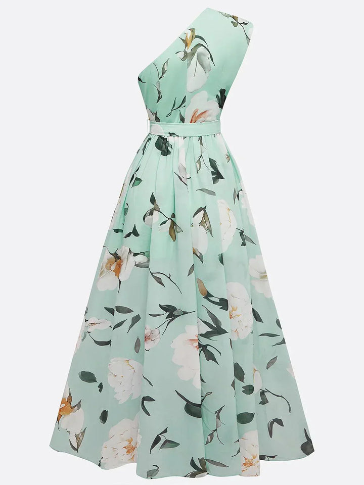 Daisy | Abito Maxi Chiffon Floreale a Spalle Scoperte Verde Chiaro