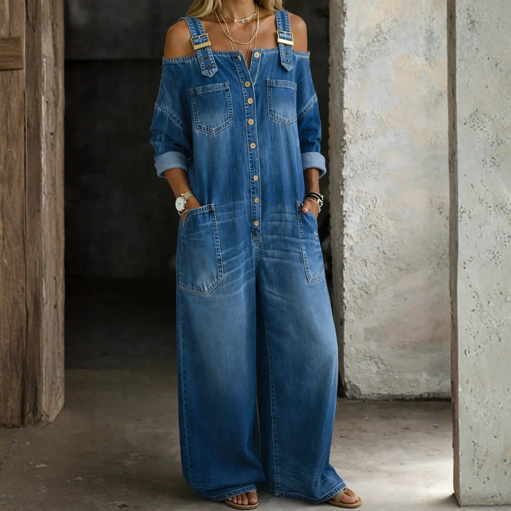 Martina - Jumpsuit in denim con spalline e spalle scoperte