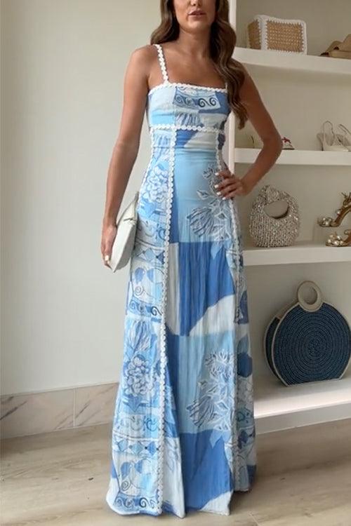 Aria | Abito Maxi Stampato con Schiena a Nastro e Spalline Ric Rac