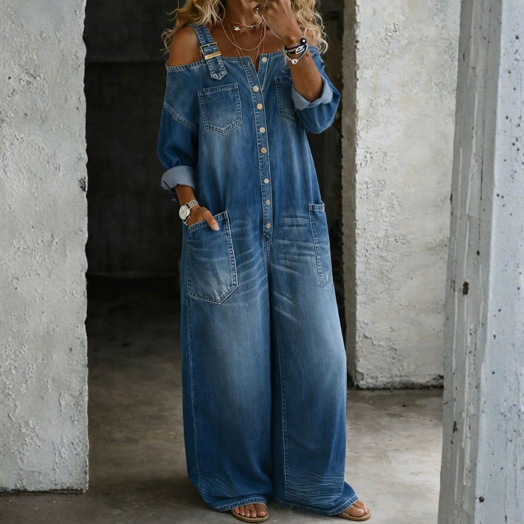 Barbara - Salopette in jeans con spalle scoperte