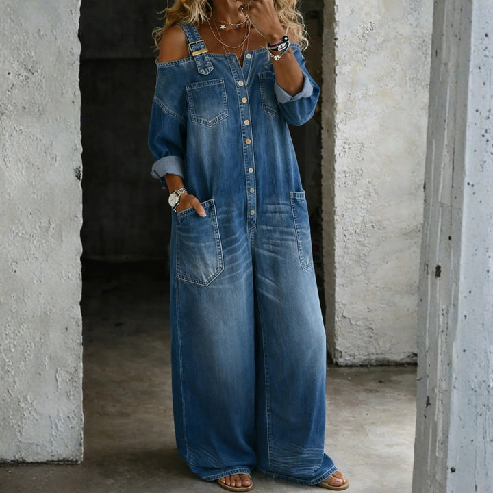 Barbara - Salopette in jeans con spalle scoperte