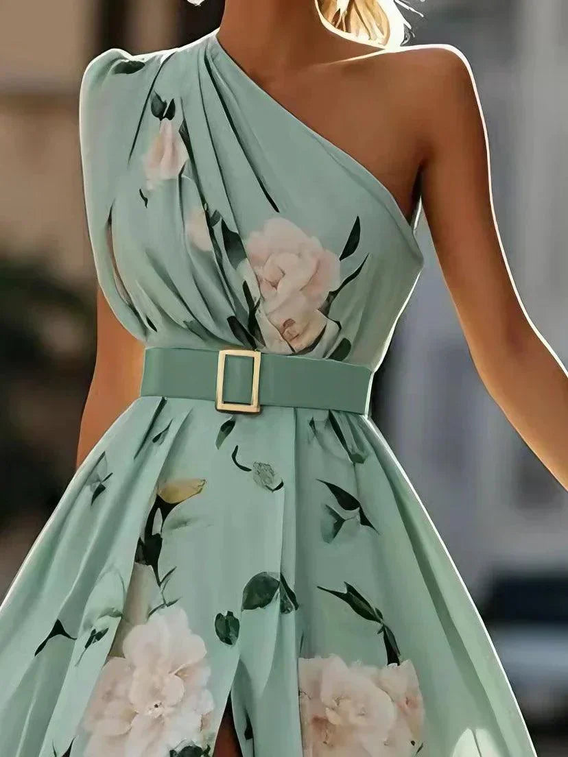 Daisy | Abito Maxi Chiffon Floreale a Spalle Scoperte Verde Chiaro