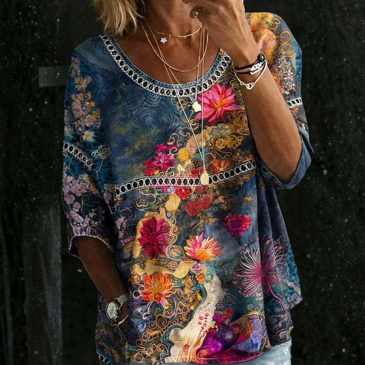 Simona - Camicia vintage in denim floreale