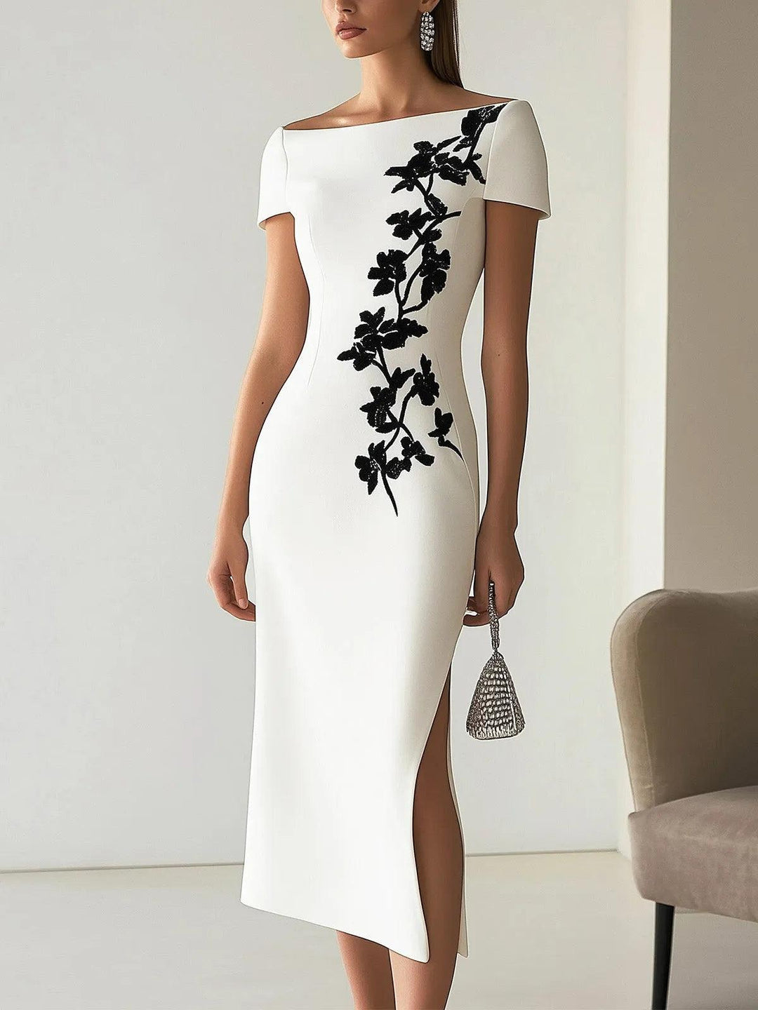 Martina | Abito Midi a Stampa Floreale Chic con Collo Barchetta