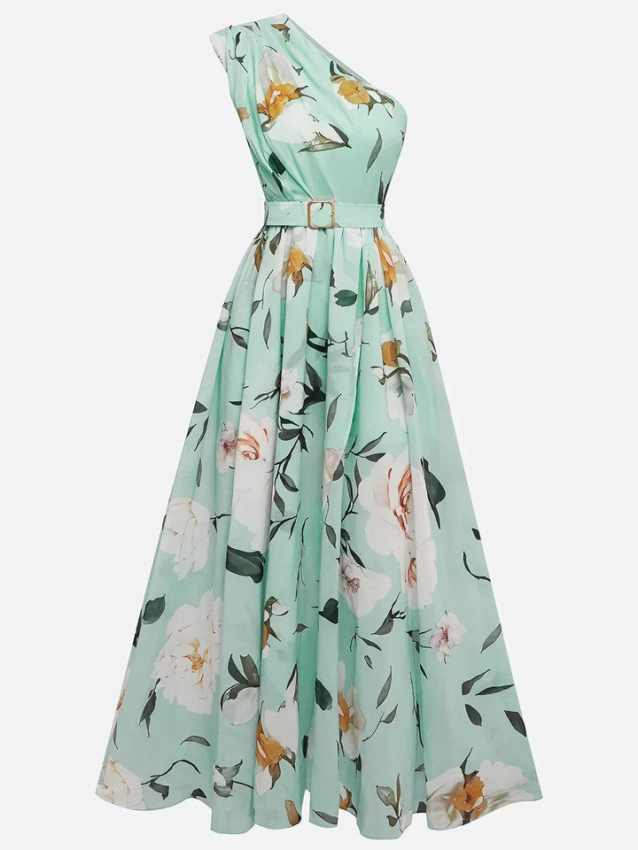 Daisy | Abito Maxi Chiffon Floreale a Spalle Scoperte Verde Chiaro