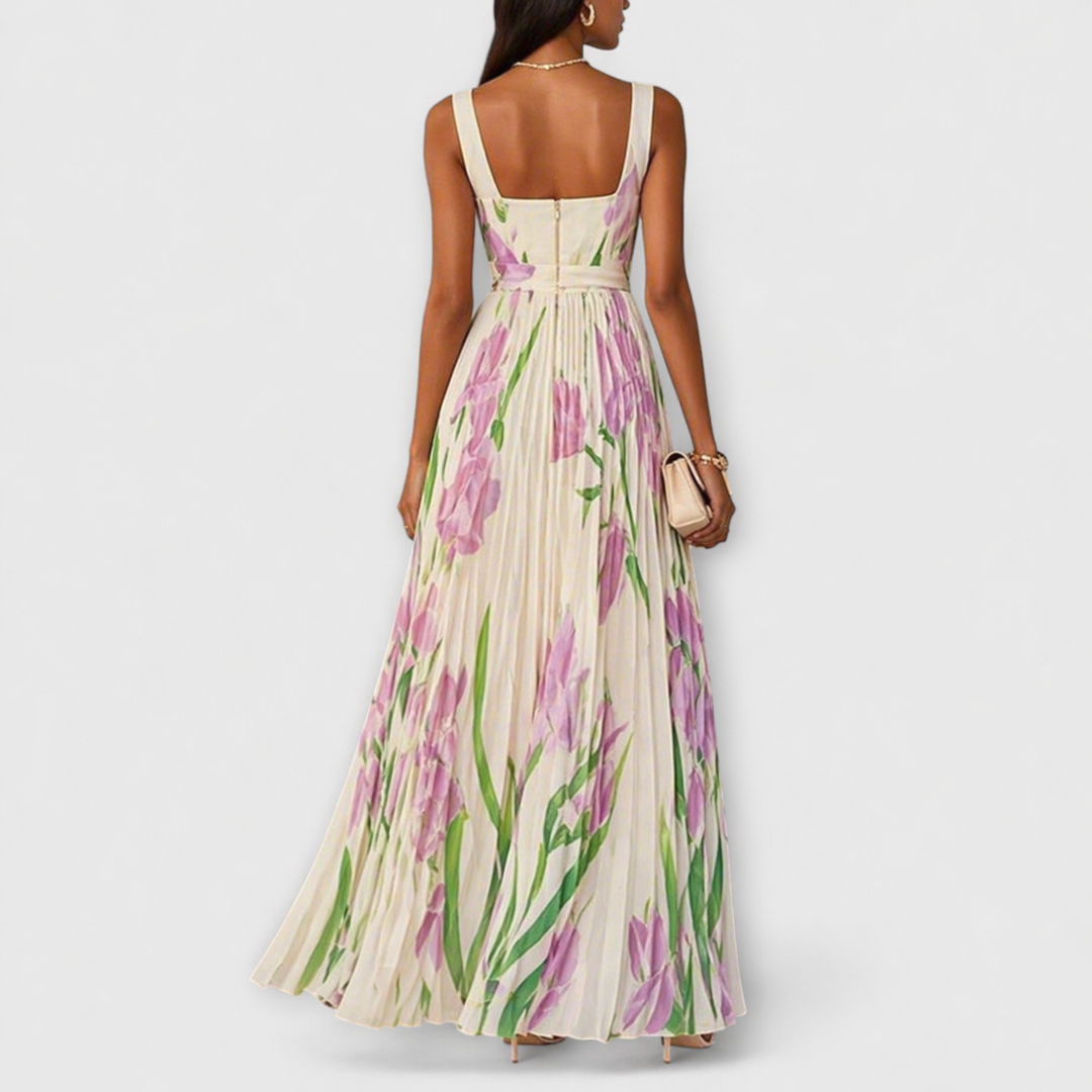Rosalinda | Abito lungo plissettato in chiffon floreale con cintura