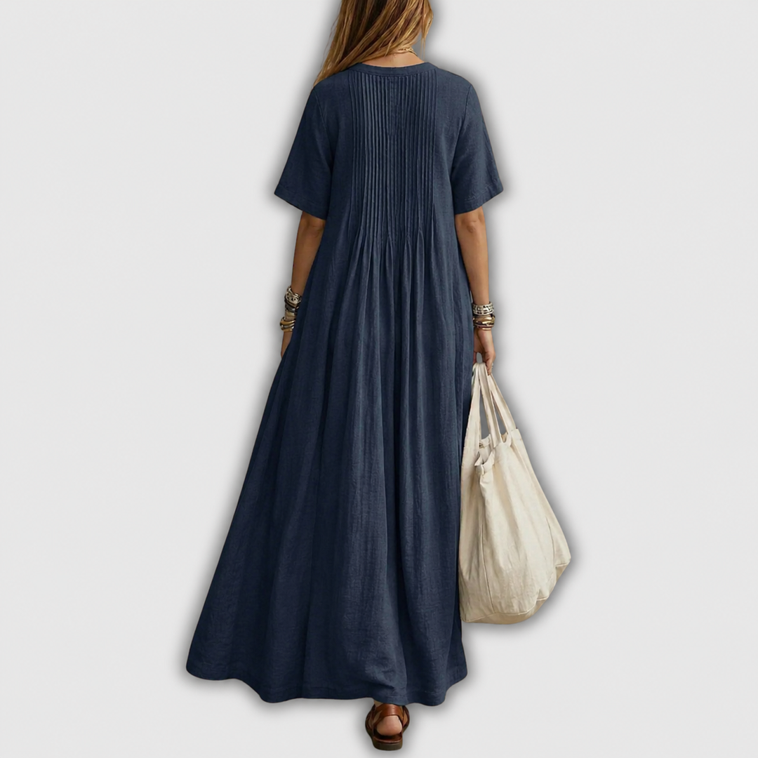 Elena | Abito lungo in lino con scollo a V e pieghe