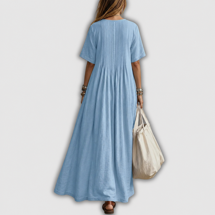 Elena | Abito lungo in lino con scollo a V e pieghe