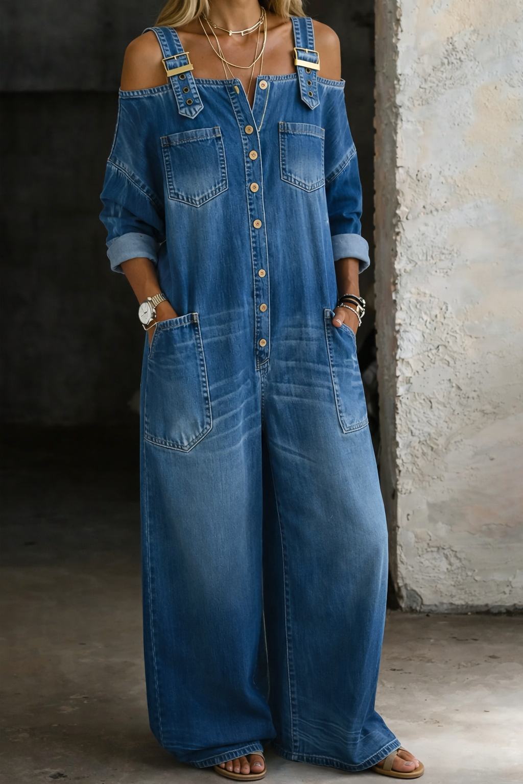 Martina - Jumpsuit in denim con spalline e spalle scoperte