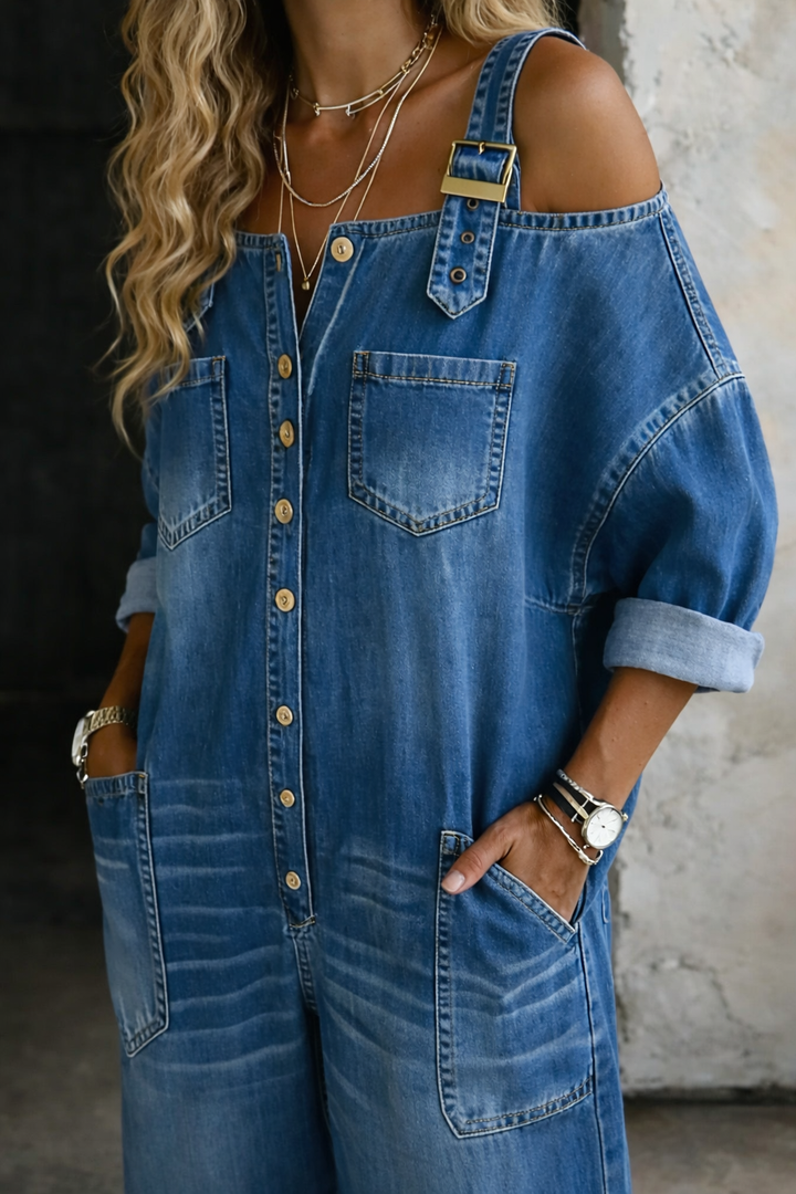 Martina - Jumpsuit in denim con spalline e spalle scoperte