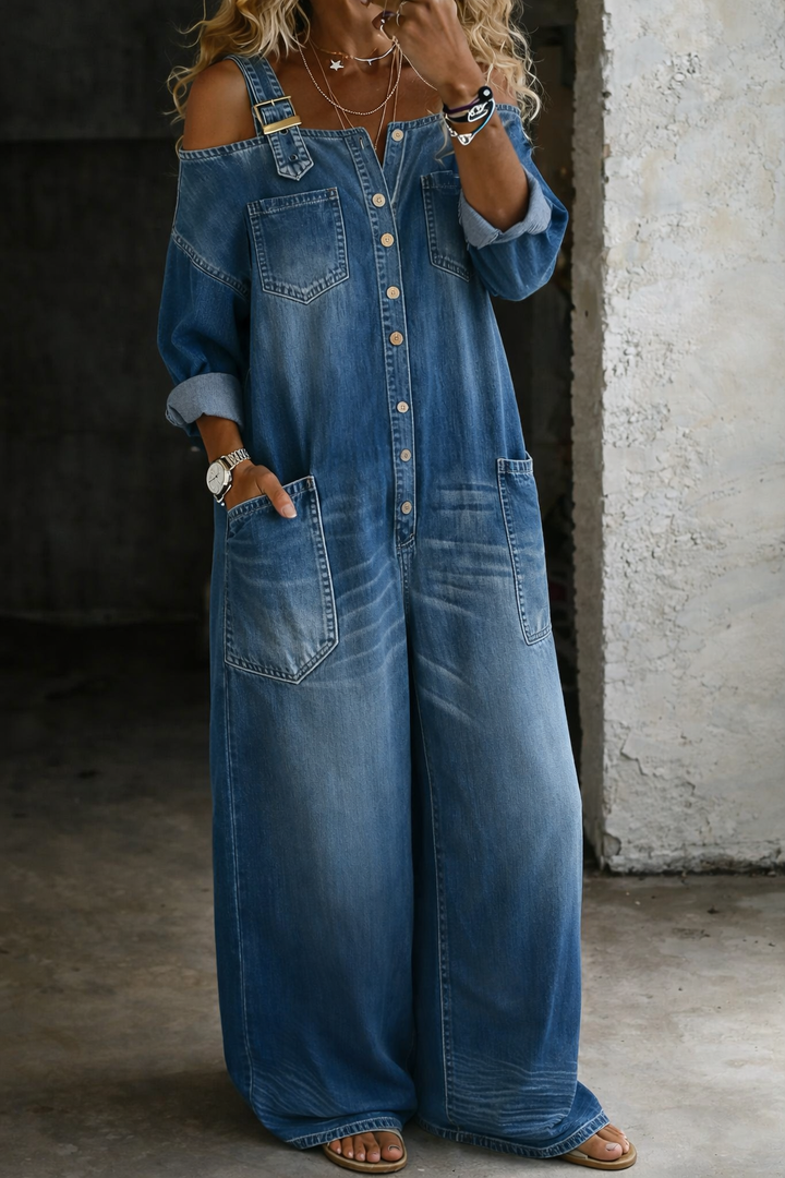 Barbara - Salopette in jeans con spalle scoperte