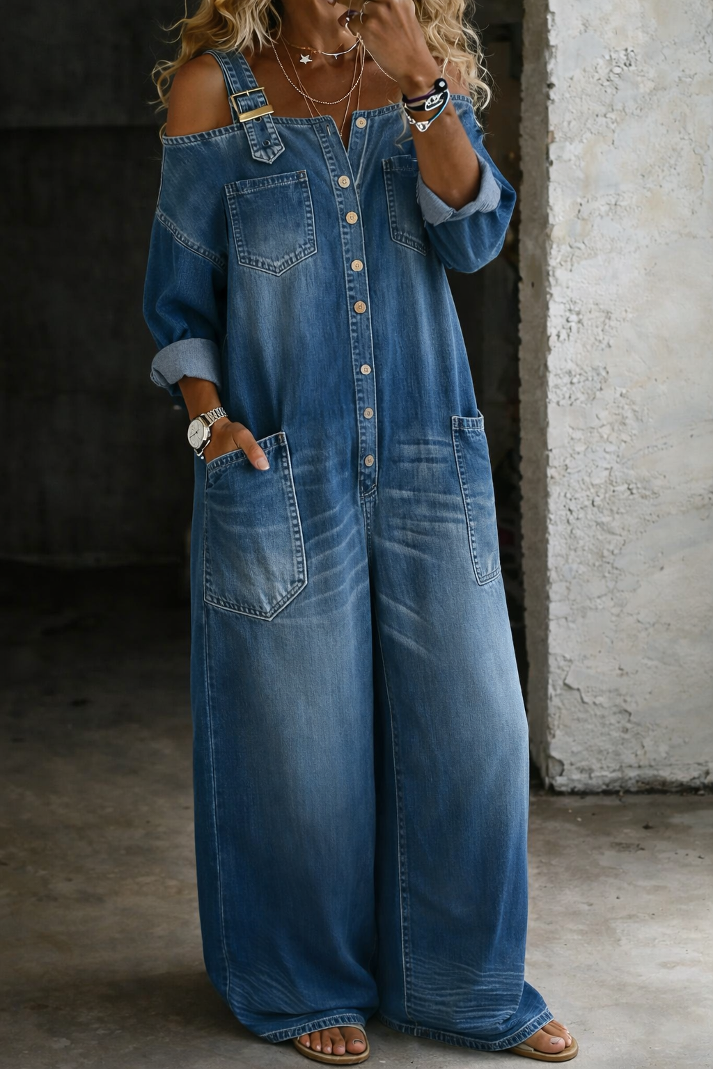 Martina - Jumpsuit in denim con spalline e spalle scoperte