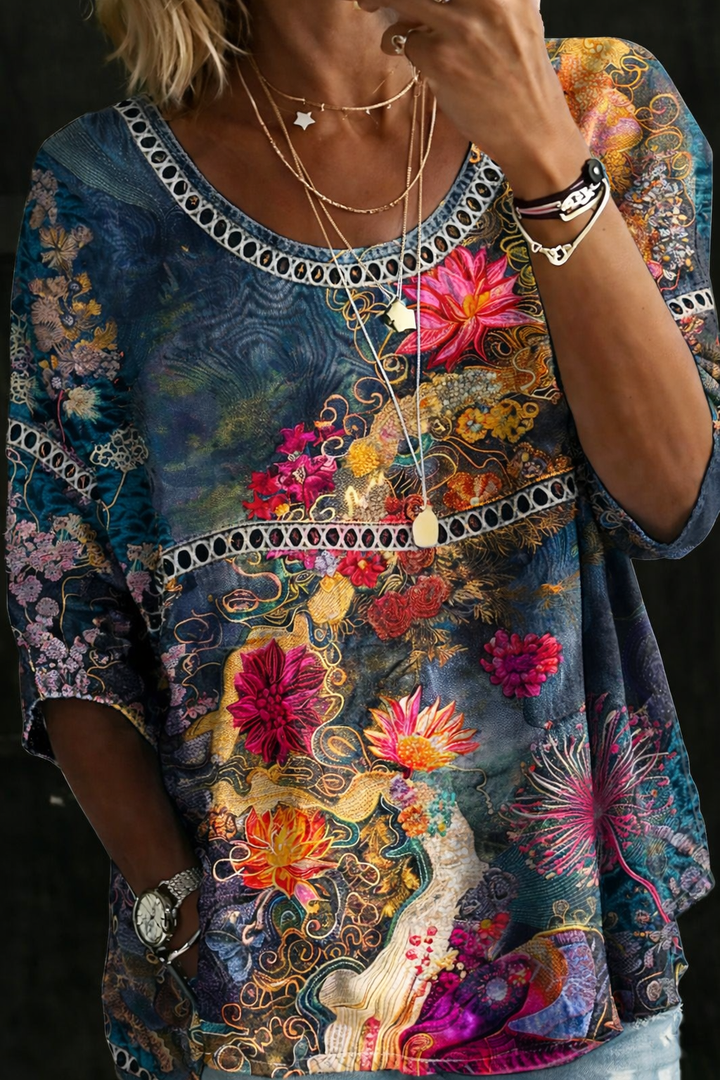 Simona - Camicia vintage in denim floreale