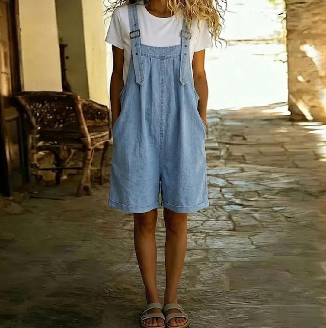 Federica - Salopette corta in denim dal morbido tocco di cotone