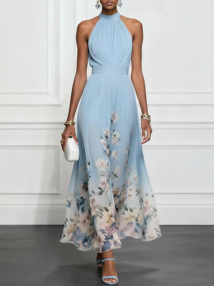 Costanza | Abito Maxi Chiffon con Fiori Blu