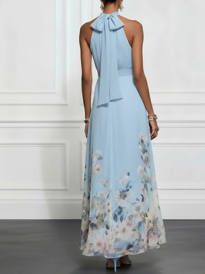 Costanza | Abito Maxi Chiffon con Fiori Blu