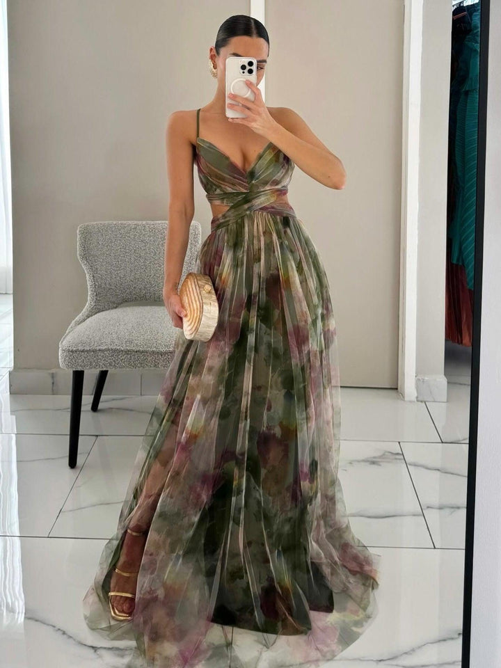 Gaia | Abito Maxi Stampato Floreale con Collo a V