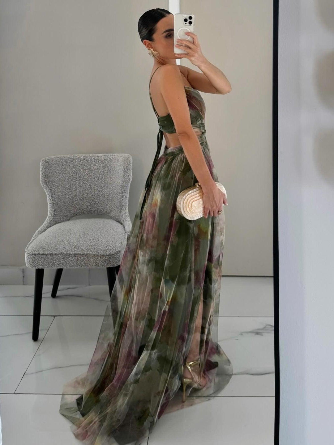 Gaia | Abito Maxi Stampato Floreale con Collo a V