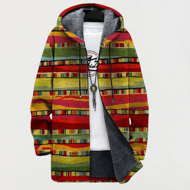 Wiebke | Cardigan con cappuccio e righe etniche colorate