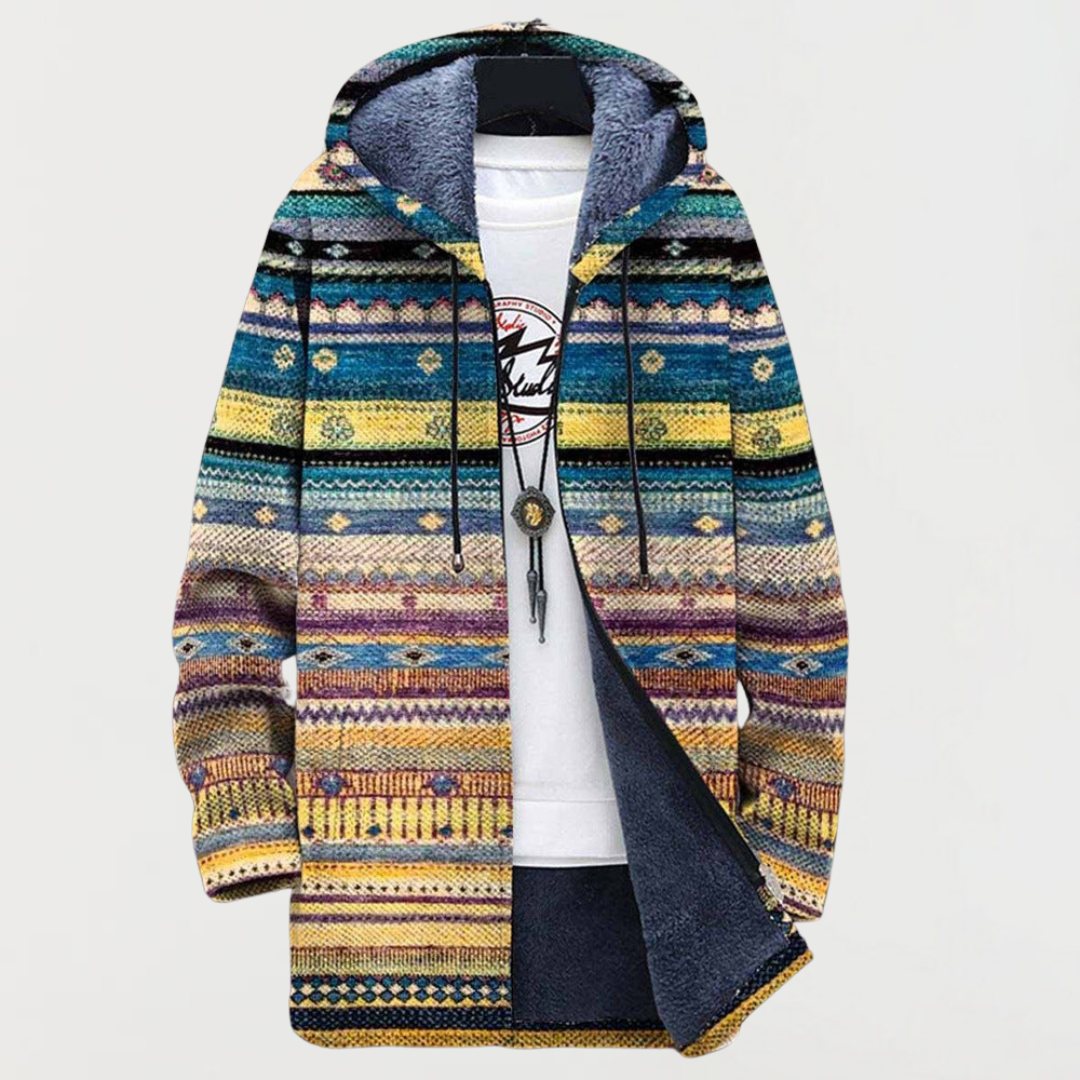 Frauke | Cardigan con cappuccio e righe etniche