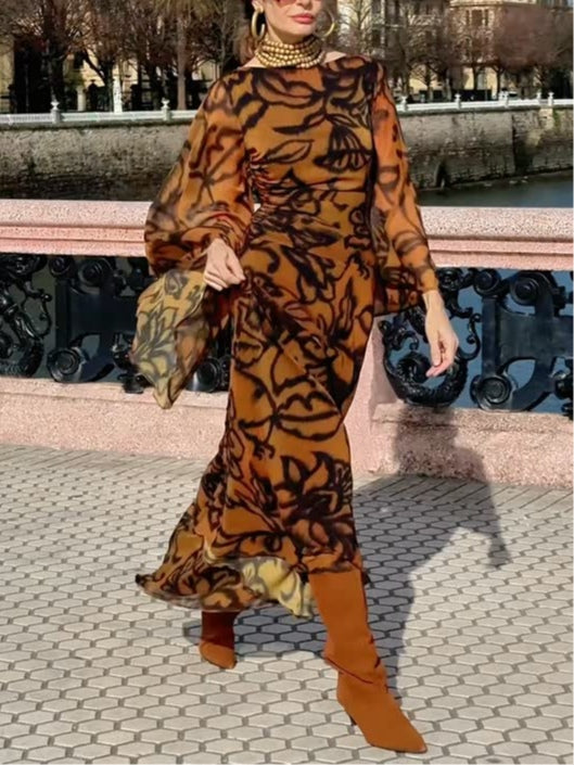 Emma | Abito lungo stampato Glamour da Spiaggia Marrone