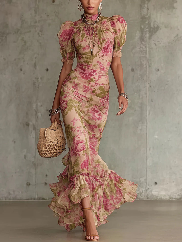Noemi | Abito Maxi con Stampa Rosa Vintage e Maniche a Sbuffo