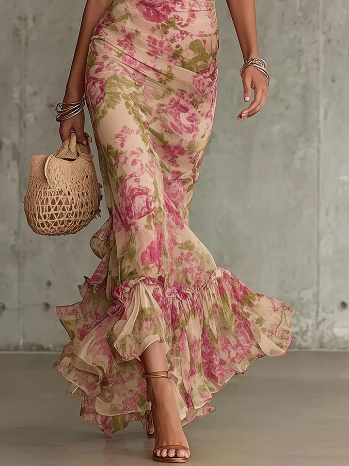 Noemi | Abito Maxi con Stampa Rosa Vintage e Maniche a Sbuffo