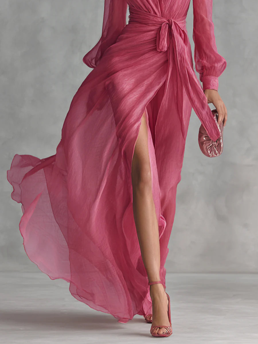 Nicole | Abito lungo in chiffon elegante con scollatura a V e vita da annodare