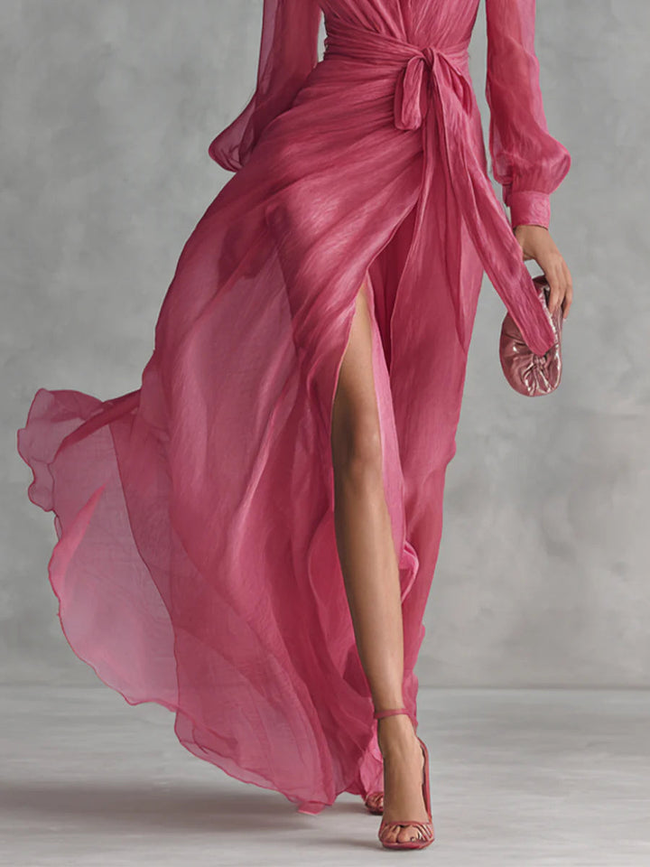 Nicole | Abito lungo in chiffon elegante con scollatura a V e vita da annodare
