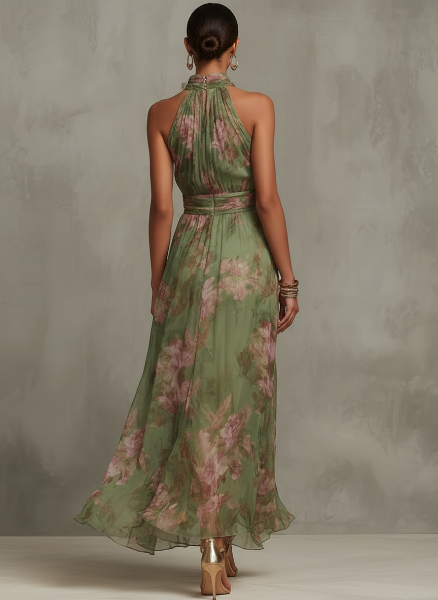 Sienna | Abito Maxi Chiffon Floreale Verde a Schiena Nuda