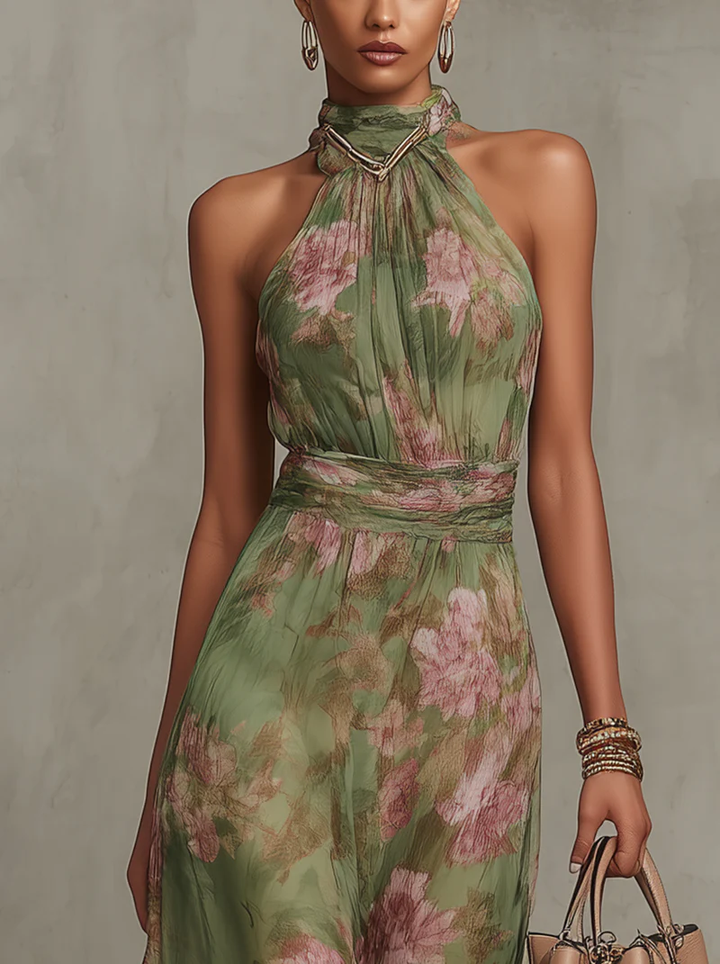 Sienna | Abito Maxi Chiffon Floreale Verde a Schiena Nuda